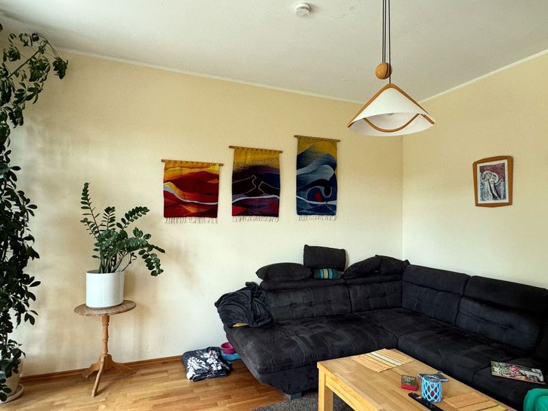 Wohnzimmer mit dunklem Ecksofa, drei gewebten Wandbildern und Zimmerpflanzen
